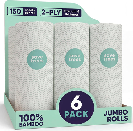 Save Trees Bamboo Paper Towels 6pk - 750 Sheets Paper Towels Rolls Ultra Absorbent & Durable Eco-Friendly - FSC-Certified, totally Plastic-Free, and Vegan