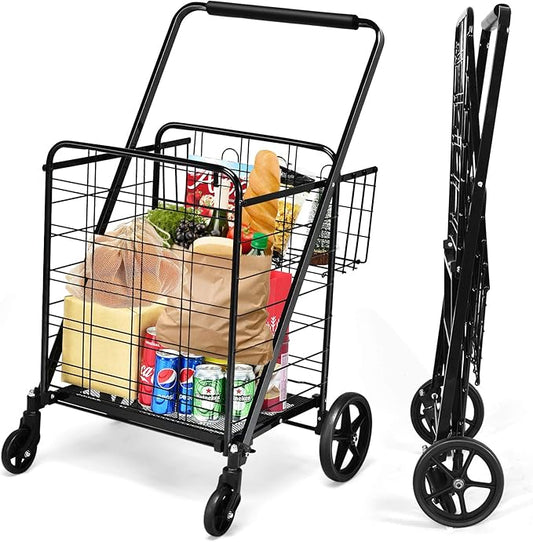 Goplus Folding Shopping Cart, Jumbo Double Basket Utility Grocery Cart 330lbs Capacity with 360Â° Rolling Swivel Wheels, Portable Heavy Duty Cart for Laundry Shopping Grocery