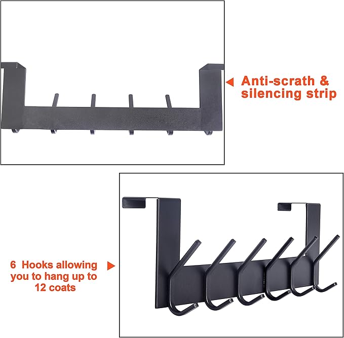 SKOLOO Over The Door Hook - for Doors up to 1-3/4'' Thickness, Black, No Assembly Required, Stainless Steel, Door Coat Rack for Entryway & Bathroom Hanging Coats, Backpack, Robes, Towels