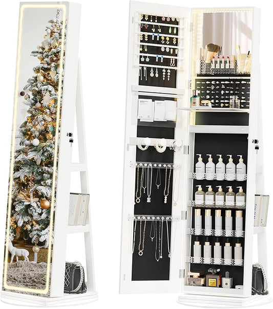 Jewelry Cabinet Standing, Lockable Armoire With Adjustable Lights and Full-Length Mirror, Space-Saving Organizer, 360Â°Swivel White