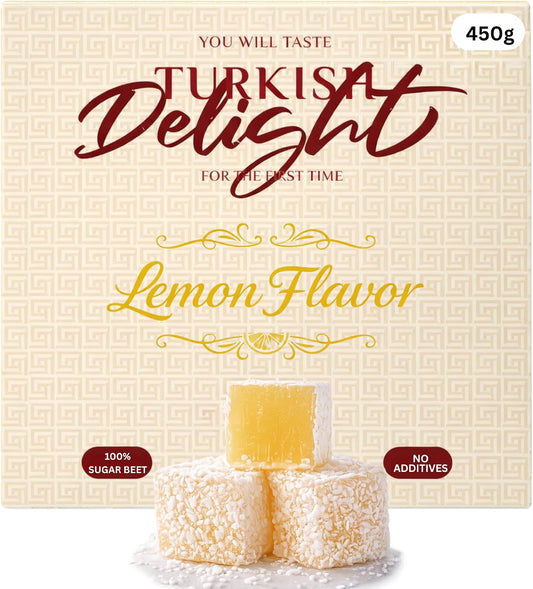Lemon Flavored Turkish Delight 450g (~1lb) – Coconut Covered Lokum – Soft & Chewy Citrus Candy – Traditional Turkish Sweets – Vegan, No Additives, 100% Sugar Beet