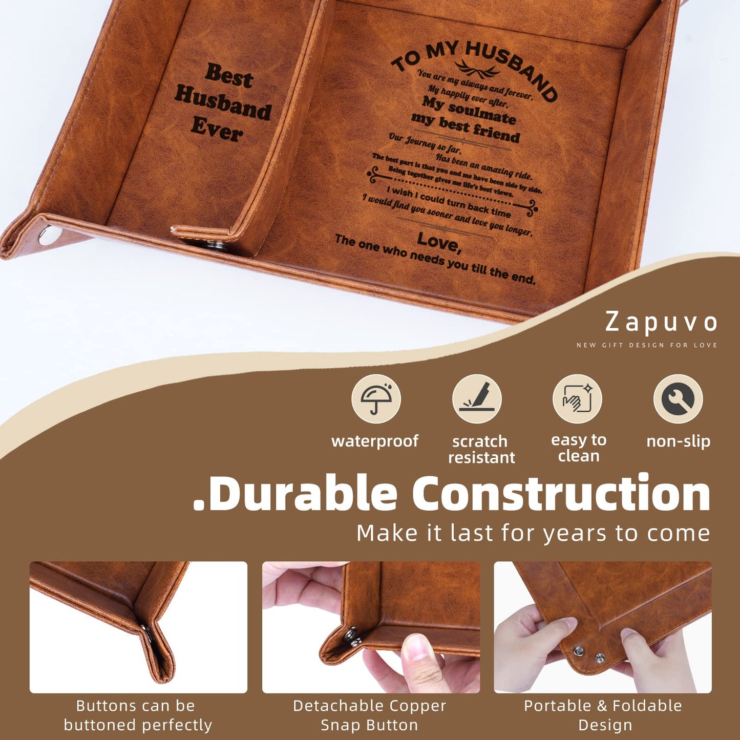 ZAPUVO Best Husband Ever PU Leather Tray and Keychain, Men Anniversary Birthday Gifts Ideas for Husband Him Boyfriend Who Has Everything from Wife, Christmas Xmas Gifts Stocking Stuffers for Men Him