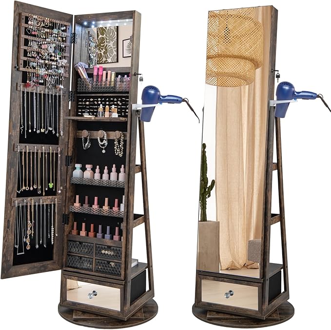 GOFLAME 360Â° Rotating Jewelry Cabinet with Full Length Mirror, Standing LED Mirror Jewelry Armoire, Lockable Jewelry Organizer with Hair Dryer Rack, Back Storage Shelves, Inner Makeup Mirror, Brown