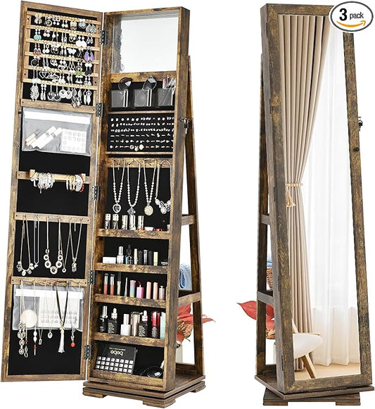 360Â° Swivel LED Mirror Jewelry Cabinet with Full Length Mirror, Lockable Floor Standing Mirrored Jewelry Armoire Organizer w/Inside Makeup Mirror & Back Storage Shelves (Rustic Brown)