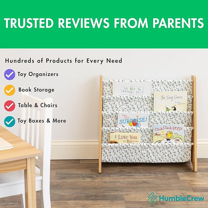 Humble Crew 4-Tier Kids Bookshelf, Natural/White/Green - Premium Book Shelf for Kids Rooms with Four Deep Pockets - Toddler Sling Book Rack with Deep Sleeves, Nursery Bookcase Organizer