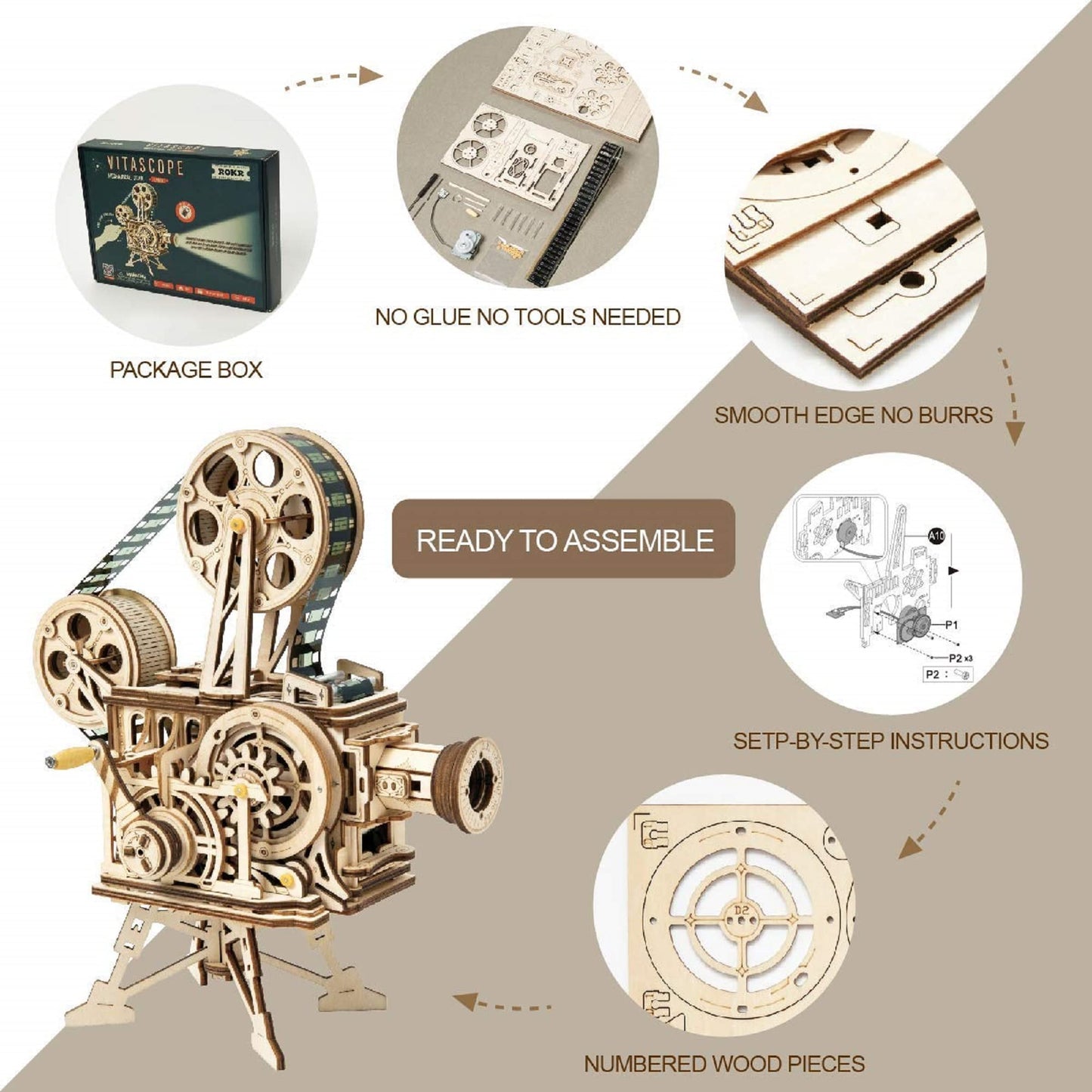 ROKR 3D Wooden Puzzles Vitascope for Adults - Model Building Kits Mechanical Construction for Adults to Build, Educational Brain Teaser DIY Crafts Kits, Halloween Collection Gifts for Men (Vitascope)