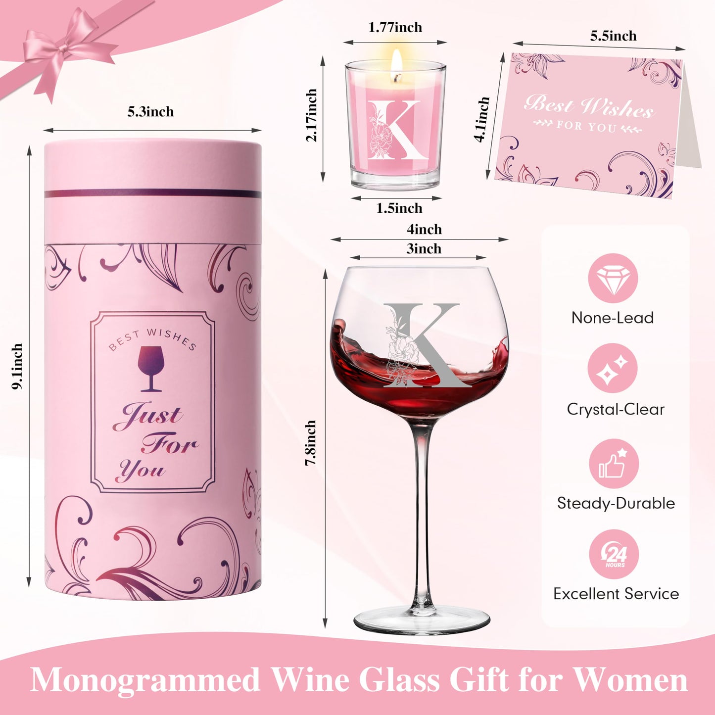 Personalized Gifts for Women - Customized Gift A-Z Wine Glass, Unique Birthday Gifts for Women, Christmas Basket Gift for Her, Mom, Wife, Sister, Friend, Nurse（K）