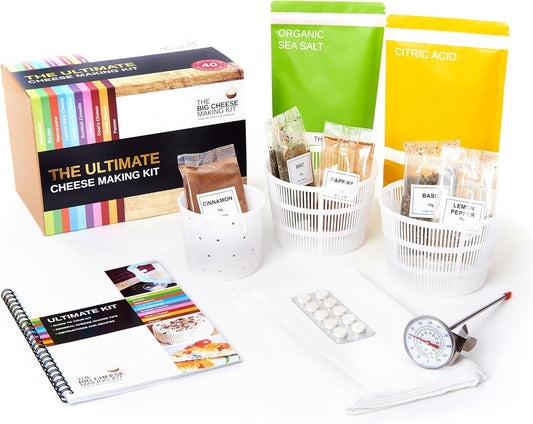 The Big Cheese Ultimate Cheese Making Kit - Makes 10 Cheeses (Mozzarella, Mascarpone, Feta, Ricotta + 6 More) - 40 Batches with Rennet & Recipe Book