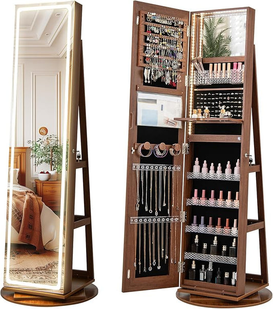 CHARMAID 360Â° Rotating Jewelry Armoire with LED Lighted Full Length Mirror & Built-in Vanity Mirror, Lockable Standing Jewelry Cabinet with Lights, Large Storage Organizer for Jewelry (Walnut)