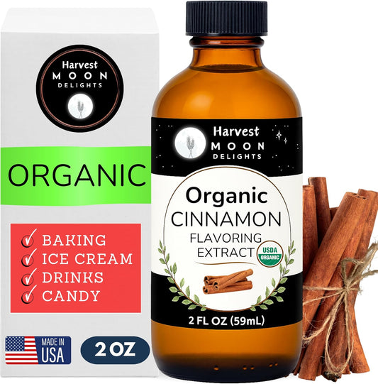 Organic Cinnamon Extract for Baking, Ice Cream, Drinks, and Candy - 2 oz - Water-Soluble - By Harvest Moon Delights - Pure Cinnamon Extract, Cinnamon Flavoring, Cinnamon Flavor