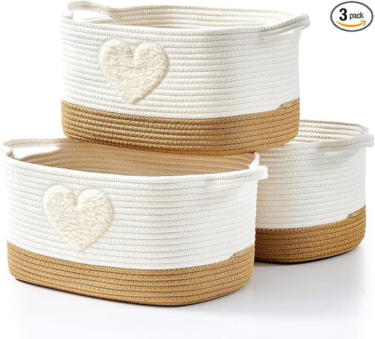 Storage Bins Woven Baskets for Storage Set of 3, Cotton Rope Basket with Handles for Toys/Shelves/Laundry, Rectangle Multi-Purpose Organizer for Living Room, Bedroom, Nursery (Heart)
