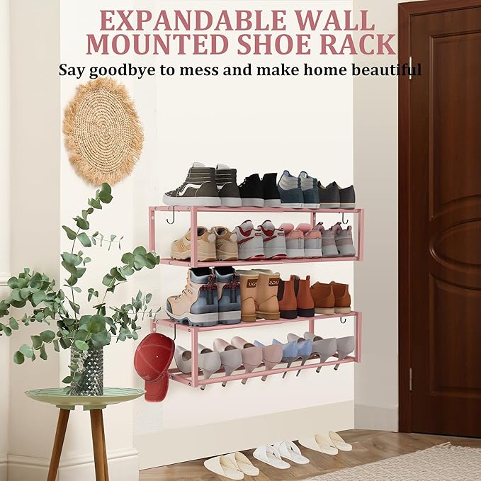 2 Pack Expandable Wall Mounted Shoe Rack, 17"-31" Adjustable Hanging Shoe Rack Holds 16 Pairs, Heavy Duty Metal Shoe Holder with 4 Storage Hooks, Space Saving for Entryway Closet Doorway（Pink）