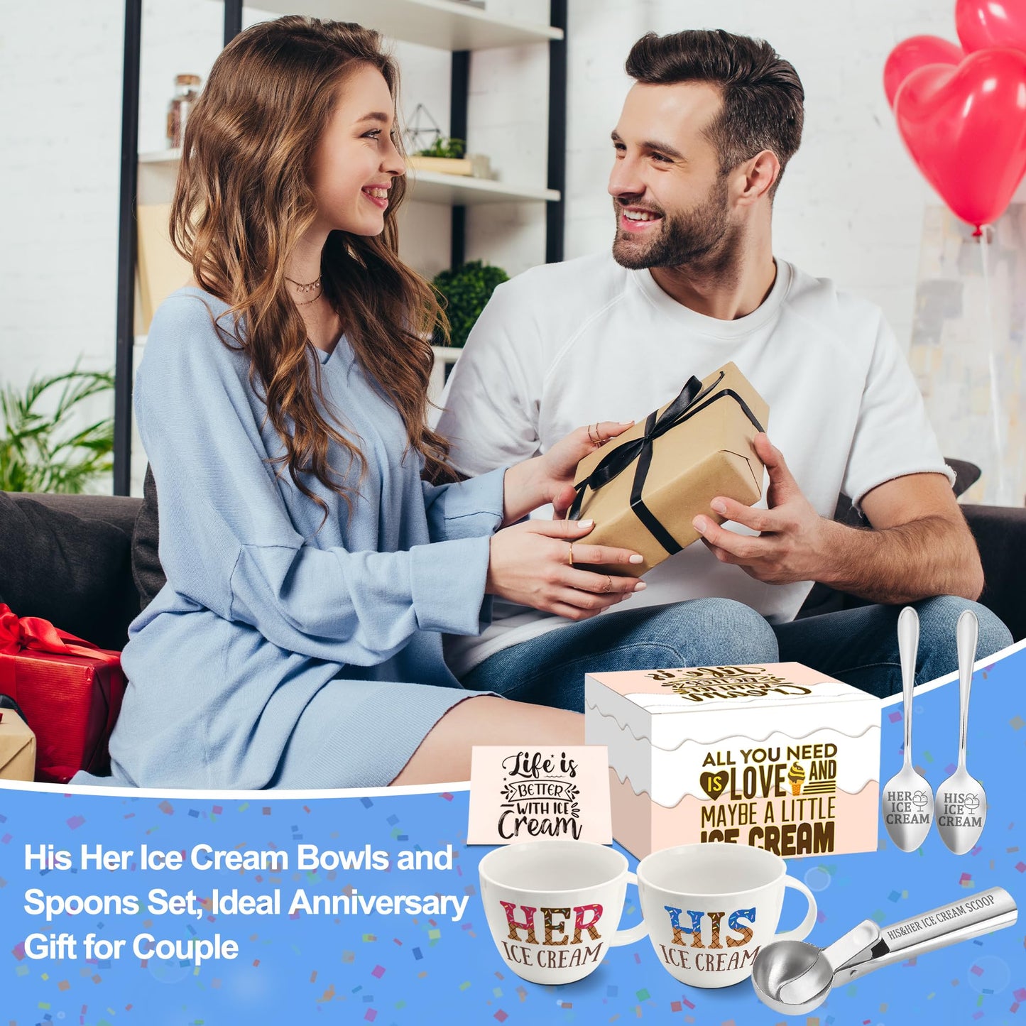Anniversary Couple Gifts Ice Cream Bowls and Spoon Scoop Set, His And Hers Gifts, Wedding Engagement Gift for His Her, His Her Ice Cream Accessories Bowl Gift on Mothers Day, Christmas