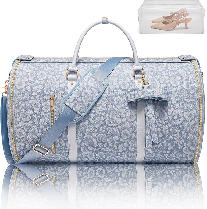 Travel Garment Bag for Women, Foldable Carry On Garment Duffle Bag 20.5x10x12.5 Inch, Convertible Overnight Bags with Shoe & Toiletry Pockets for Business Trip, Vacation, Party, Blue-White