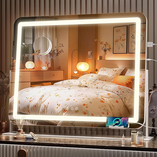 Hasipu 25" x21â LED Vanity Mirror with Lights - Makeup Mirrors with 10X Magnification, USB Charging, 3 Color Dimmable, 360Â° Rotation (White)