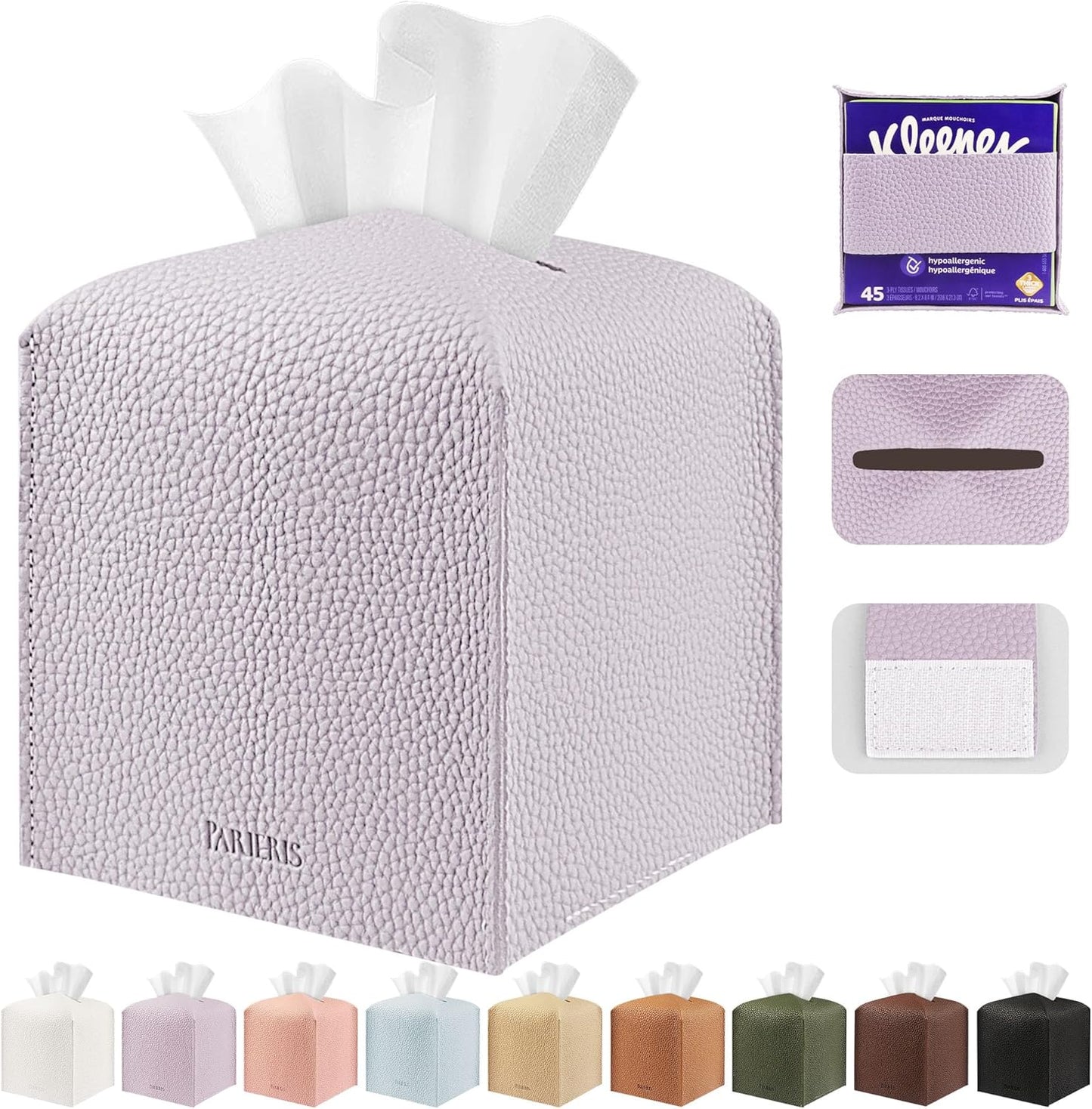 Tissue Box Cover Holder Square Tissue Cube Cover PU Leather Tissue Organizer with Bottom Belt for Bathroom, Tabletop, Car, Night Stands, Office, Home, Kitchen (1, Violet)