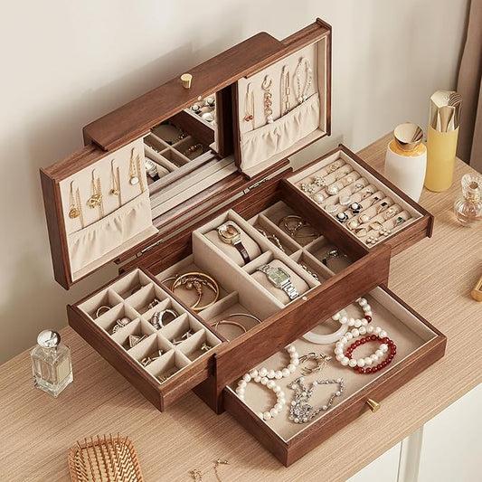 Wooden Jewelry Box for Women, 3 Level Multi-functional Drawers Black Walnut Jewelry Organizer Box, Watch, Necklace, Ring, Earring Storage Valentine's Day Gifts(With Mirror B)