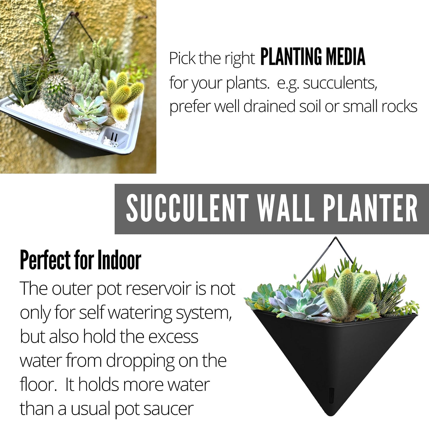 LaLaGreen Bundle - 12" x 2 Pack Gray + 12" x 2 Pack Black Large Self Watering Geometric Hanging Flower Vase Vessel with Metal Hanger, Modern Stylish Wall Mounted Succulent Pot Holder Decor