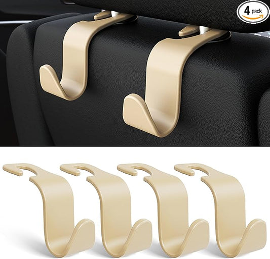 Amooca 4-Pack Car Headrest Hooks Vehicle Storage Organizer for Purses Handbags Groceries Coats âHolds 55lbs 360Â° Rotating Simple Design Beige