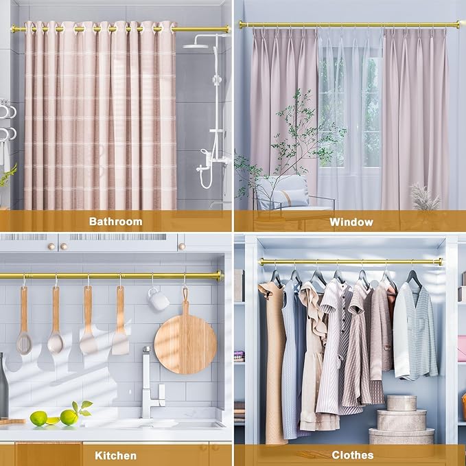 Ausemku Shower Curtain Rod 32-65 Inch Adjustable - 1 Inch Diameter Heavy Duty No drill Spring Tension Shower Rod, Non-Slip Rustproof Telescopic Rod for Bathroom, Gold