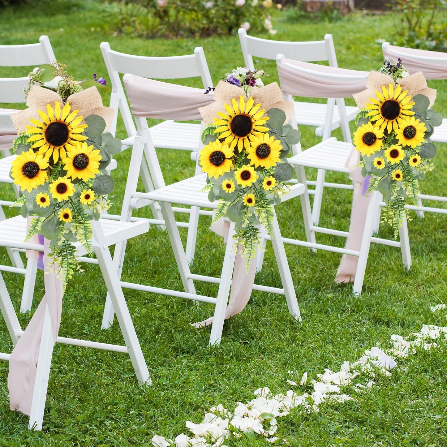 24in Artificial Sunflowers Teardrop Swag Spring Summer Sunflowers Floral Swag Wreath with Burlap Bow Fake Yellow Sunflower Garland for Front Door Indoor Outdoor Window Home Decor