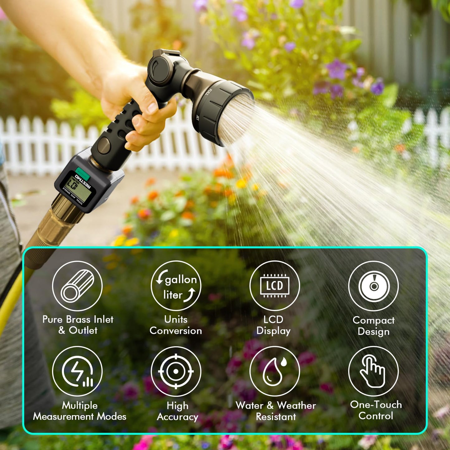 RESTMO Water Flow Meter with Brass Inlet & Outlet, Measure Gallon/Liter Consumption and Flow Rate for Outdoor Garden Hose Watering, RV Water Tank Filling, Lawn Sprinkler and Nozzle Sprayer