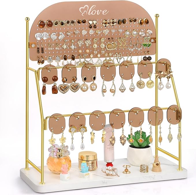 Keebofly Acrylic Earring Organizer Stand with 14 Hooks, Cute Girly Earring Holder for Girls/Teens/Kids â Jewelry Display for Vendors, Vanity Desk Stores Studs/Hoops/Dangles/Necklaces/Bracelets Glod