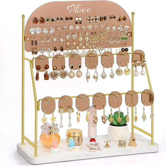 Keebofly Acrylic Earring Organizer Stand with 14 Hooks, Cute Girly Earring Holder for Girls/Teens/Kids â Jewelry Display for Vendors, Vanity Desk Stores Studs/Hoops/Dangles/Necklaces/Bracelets Glod