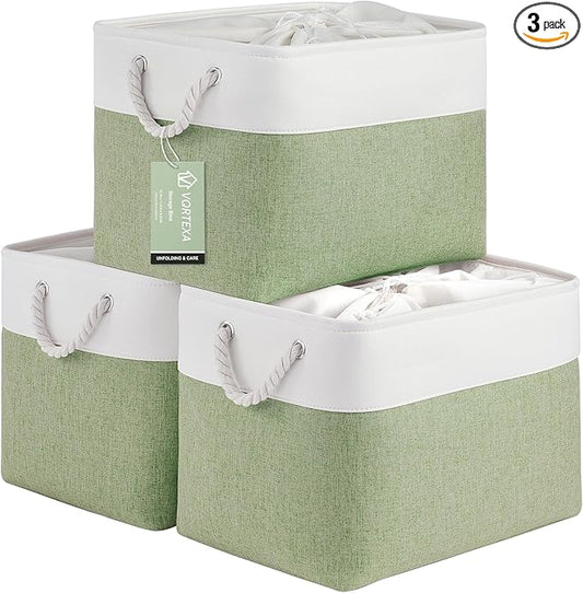 Large Storage Baskets- 16x12x12 inch Storage Bins for Shelves and Closet Organizing, Foldable Fabric Bin for Home Organization Clothes and Laundry (3-Pack, White&Green)