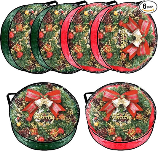 6 Pcs Christmas Wreath Storage Bag, 24" Dia Round Wreath Storage Container with Clear Window, Tear Resistant Wreath Boxes for Christmas Holiday Seasonal Storage (RedÃ3 ï¼ GreenÃ3)