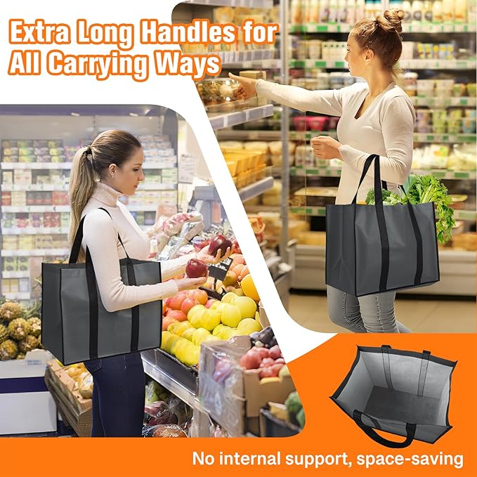 WISELIFE Reusable Grocery Bags with Handles - 6 Pack, 35L Large Shopping Bags for Groceries, Water-Resistant & Foldable Grocery Totes for Lasting Use for Kitchen, Market, Car Trunk, Picnic (Gray)