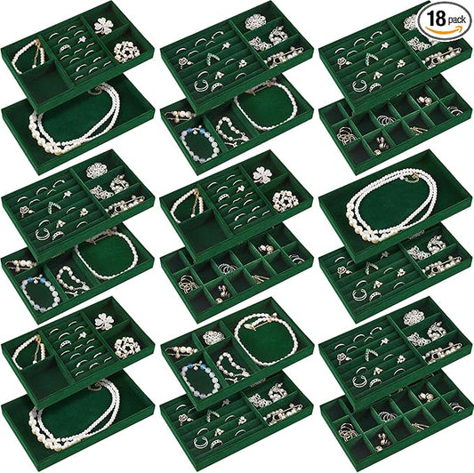 Junkin 18 Pcs Velvet Jewelry Tray Stackable Jewelry Drawer Organizer Jewellery Box Divided Display Tray for Earring Bangle(Dark Green)