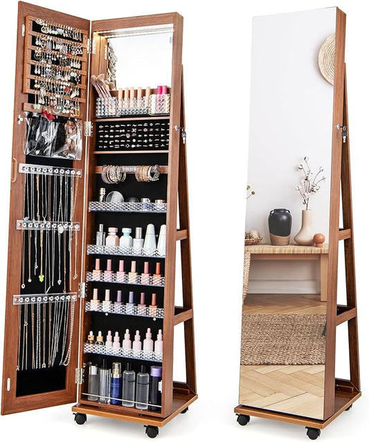 CHARMAID Jewelry Cabinet Armoire with Wheels, 64" H Full Length Mirror, 3-Color LED Lights, Height Adjustable Shelves, Lockable Standing Jewelry Organizer with Back Storage Shelves (Walnut)
