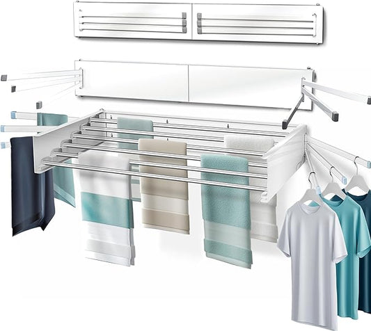 MODERN-X Wall Mounted Clothes Drying Rack with 6 Swivel arms, 35âWide, 26 Linear ft of Laundry Drying Rack Space, 6 Collapsible Aluminum rods, 2X Drying Capacity, Space Organizer Holds up to 60lbs
