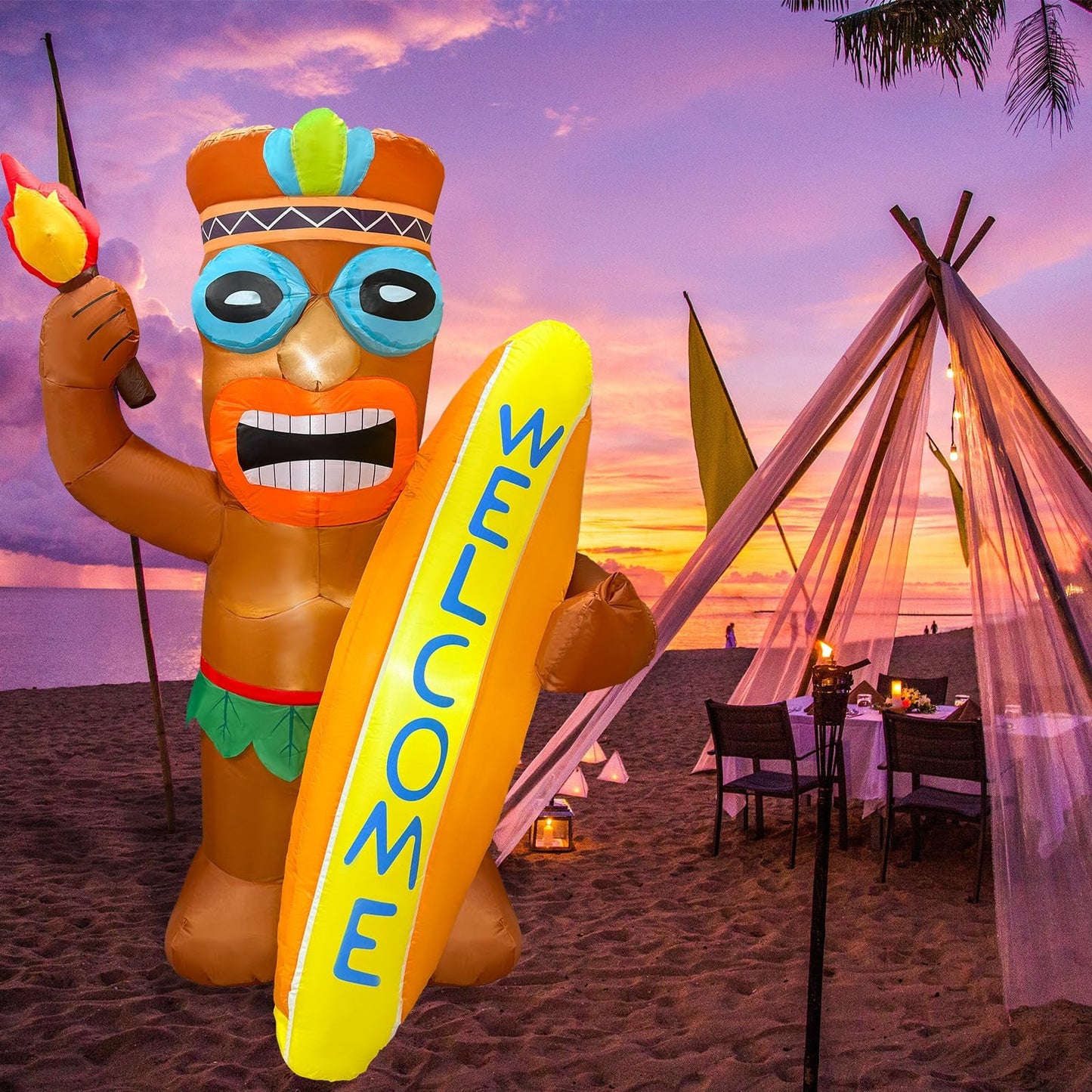 6FT Tiki Inflatable Party Decoration Flamingo Surfboard Luau Hawaiian LED Lighted Inflatables Outdoor Tiki Blow Up Summer Decor for Aloha Beach Tropical Pool Yard Party Supplies Favors
