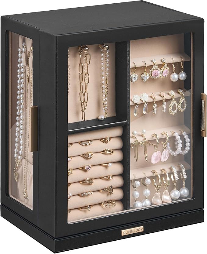 360Â° Rotating Jewelry Box with 5 Drawers, Spacious Vertical Jewelry Organizer with Glass Window, Jewelry Storage Case, Dustproof & Moisture-resistant Design, Black