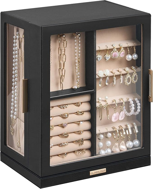 360Â° Rotating Jewelry Box with 5 Drawers, Spacious Vertical Jewelry Organizer with Glass Window, Jewelry Storage Case, Dustproof & Moisture-resistant Design, Black