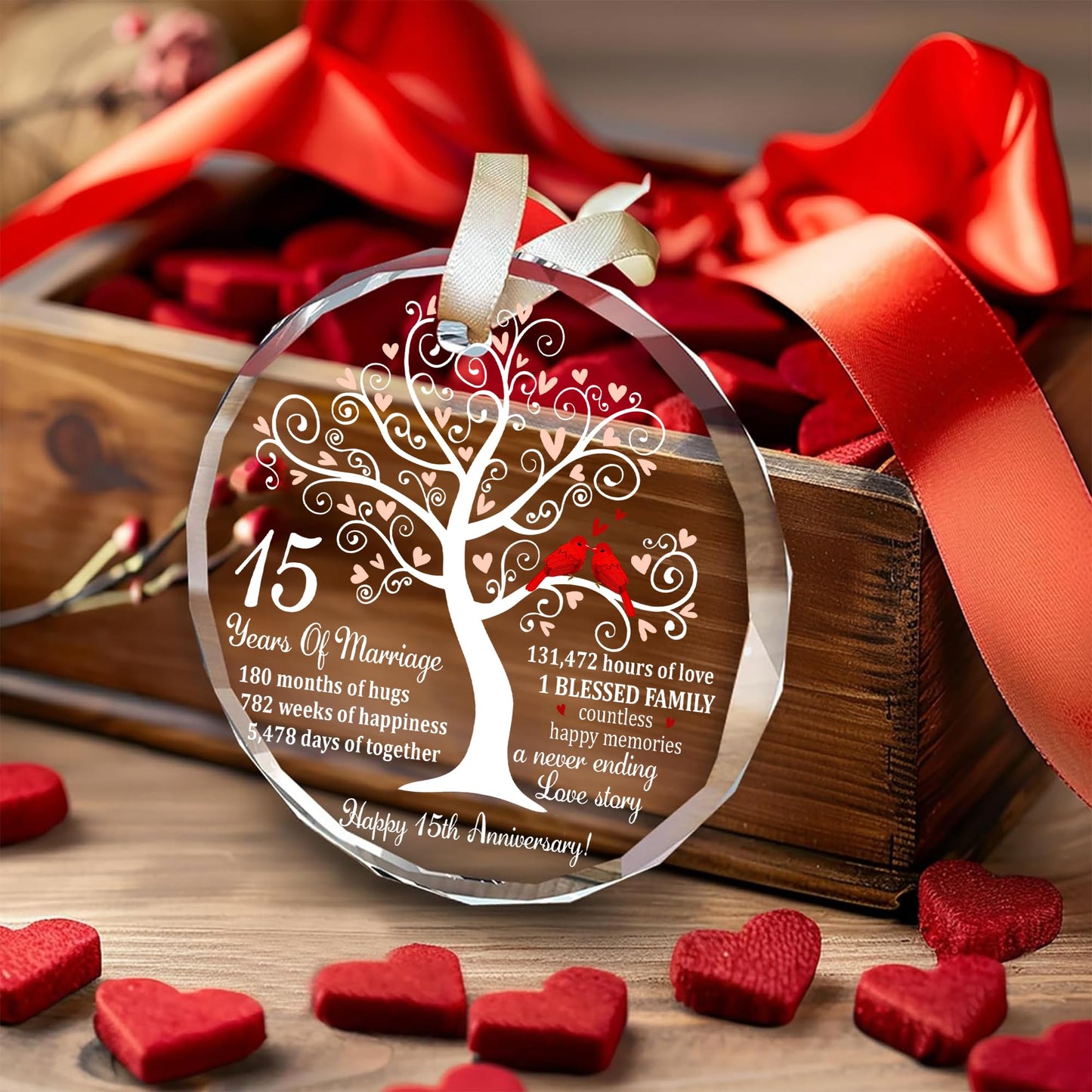 Bozspacer 15th Wedding Anniversary Ornament for Parents Couple Wife Husband - Crystal Anniversary Wedding Gift Ideas - Glass Ornament for 15 Years Marriage