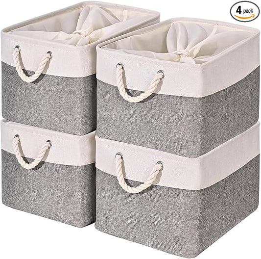 HOdo Home Fabric Storage Bin with Drawstring Closure and 2 Bold Handles, Collapsible Large Canvas Storage Baskets for Organizing Shelf Nursery Home Closet (White&Grey, 15.8LÃ11.8WÃ9.5H - 4Pack)