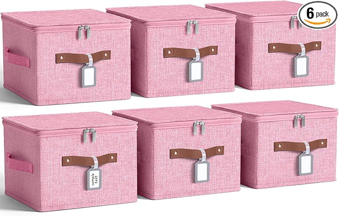6 Pack Fabric Closet Storage Bins with Zipper Lids and Label, 10×8×7In Large Size Foldable Cotton Linen Storage Cubes Boxes with PU Leather Handles Holders for Bedroom, Nursery, Pink