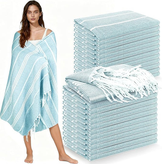 YSYJ 24 Pack Turkish Beach Towel 36"x71" Beach Towels Oversized Bath Towels Sand Free Quick Dry Turkish Towel Bulk Extra Large Pool Blanket Blue