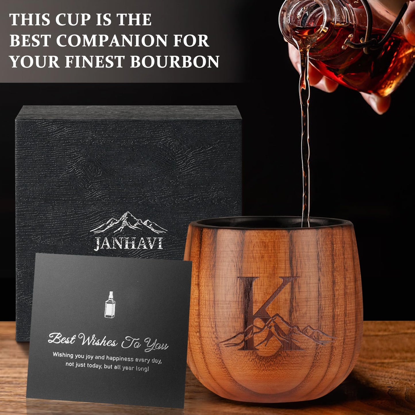 Janhavi Original Charred Wooden Bourbon Drinking Glass,Personalized Whiskey Glasses with Initials,Unique Gifts for Men Husband,Father,Brother Friends,Mens Birthday Gift Ideas,Wooden Whiskey Cup (S)