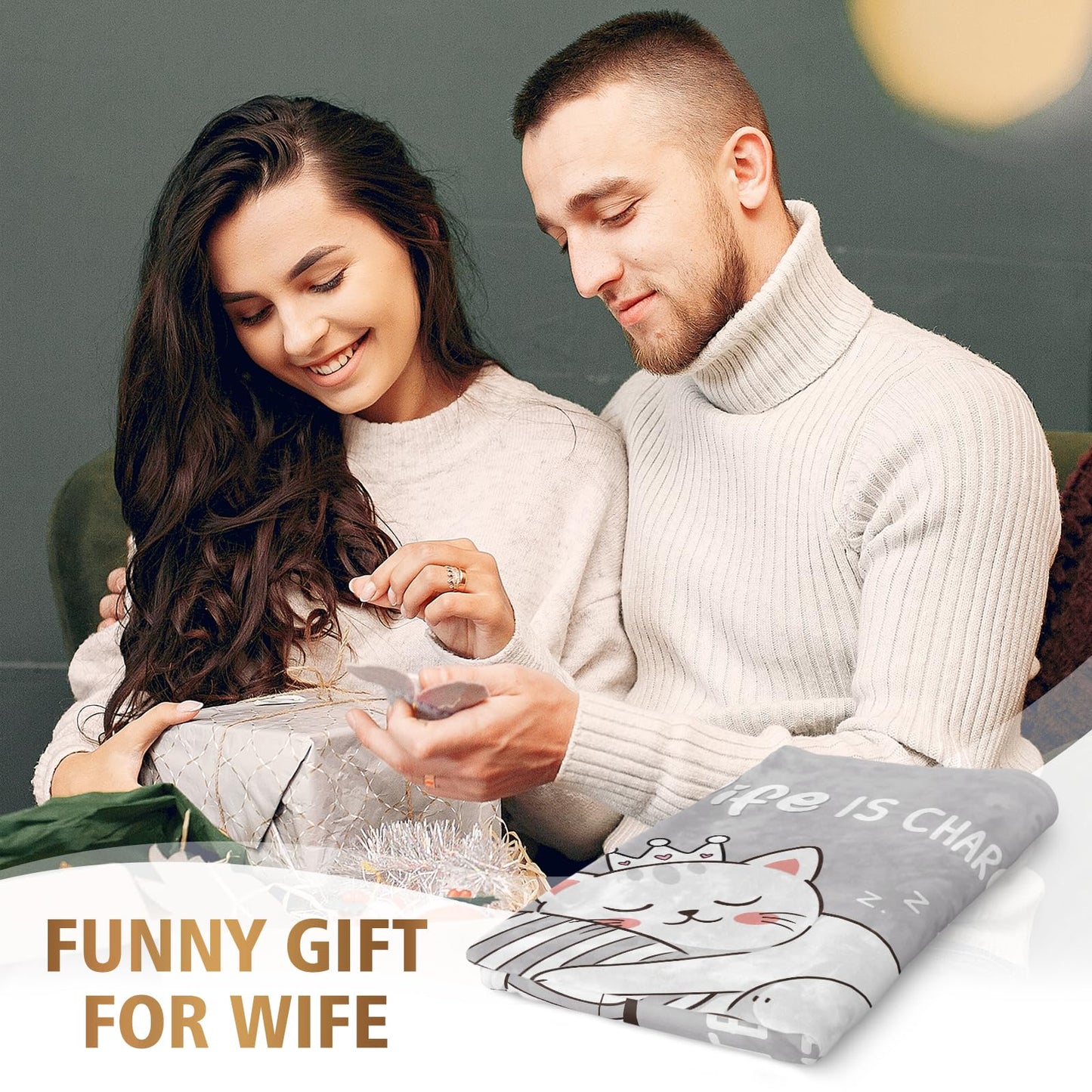 GoMelley Funny Gift for Wife from Husband, Wedding Anniversary Romantic Gifts for Women, Wife is Charging Flannel Blanket, Birthday Christmas Valentines Day Blanket Gifts for Her, 60”× 50”（Gray）