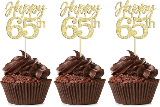 Gyufise 24Pcs Happy 65th Cupcake Toppers Gold Glitter Number 65 Sixty Five Cheers to 65 Cupcake Food Picks Decorations for 70th Birthday Wedding Anniversary Party Supplies