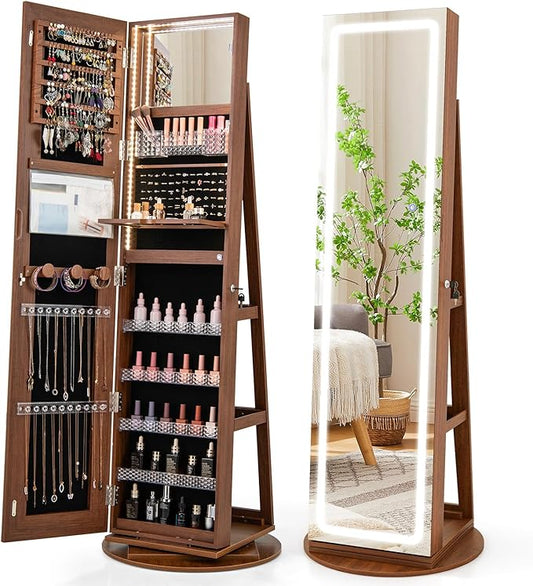 GOFLAME 360Â° Swivel Jewelry Cabinet Armoire with Full Length Mirror, Standing Jewelry Storage Organizer with Rear Storage Shelves, 3-Color LED Lights, Foldable Shelf, Interior Mirror, Walnut
