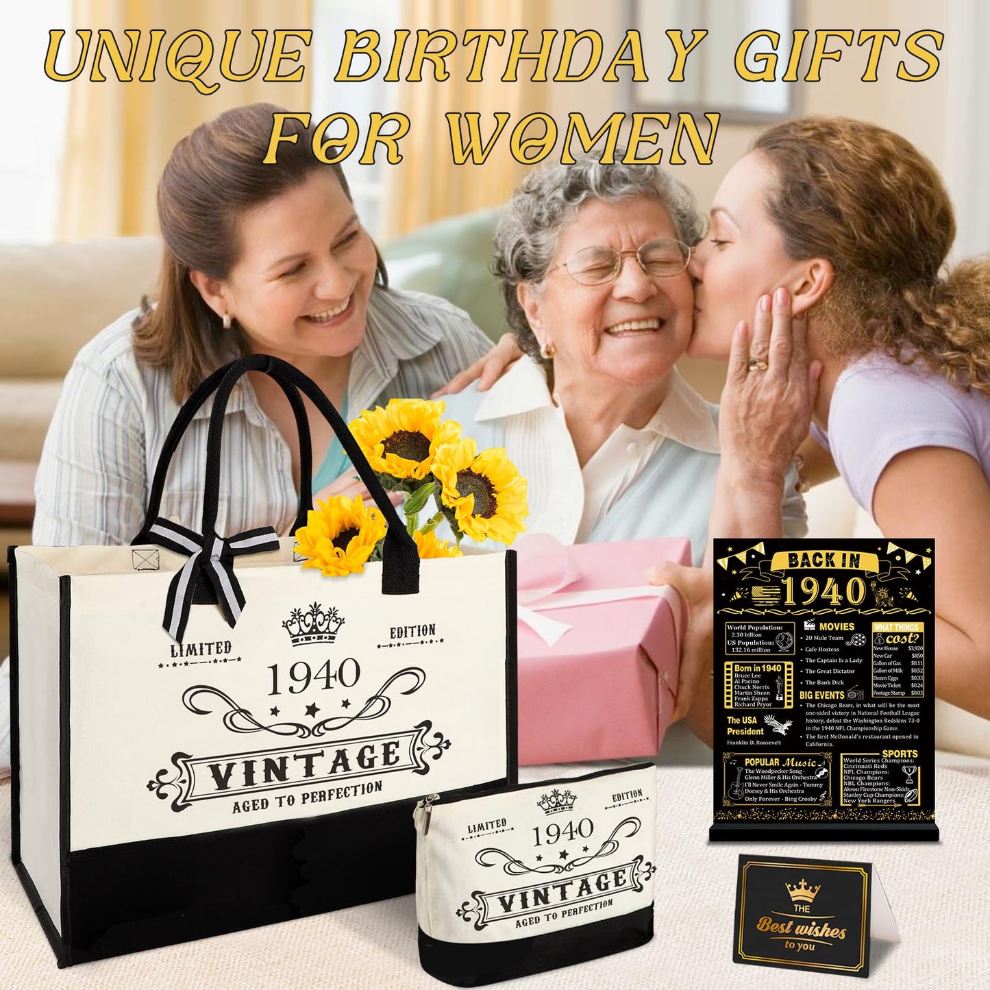 85th Birthday Gifts for Women Canvas Tote Bag Travel Gear, Unique 85 Years Old Birthday Gifts for Mom Wife Aunt Friends Her, Vintage 1940 Handbag & Cosmetic Bag & Back in 1940 Poster