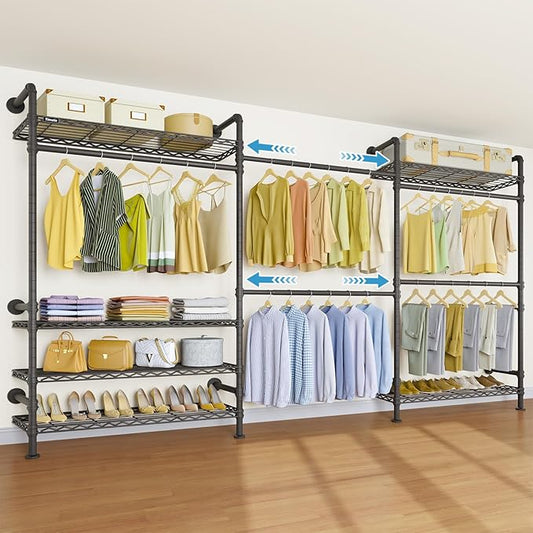 Timate F3 Plus Wall Mounted Clothes Rack Industrial Pipe Clothing Rack for Hanging Clothes, Heavy Duty Clothes Rack with Shelves, Expandable Garment Rack Wall Closet System, Black Pipe Closet Kit