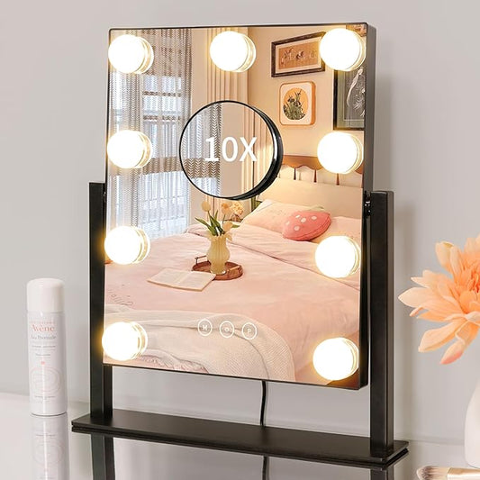 Vanity Mirror with Lights,Lighted Vanity Mirror with 9 Dimmable Bulbs for Dressing Room & Bedroom,3 Color Lighting,Modes Detachable 10x Magnification 360Â°Ratation (Black) 12" L x 14.4" W
