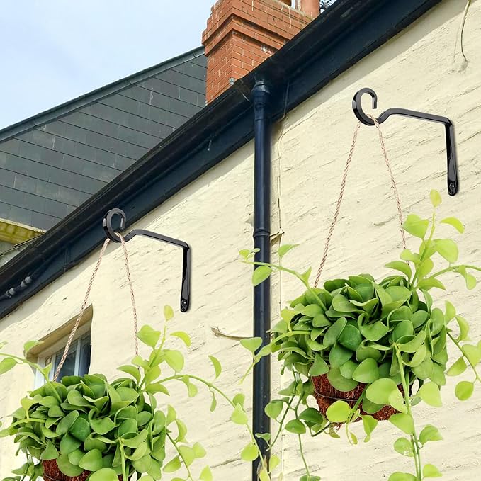MOWPOG Plant Hangers Outdoor, 2 Pack 6 Inch Hanging Plant Bracket, Metal Hanging Plant Hooks, Wall Hooks for Hanging Plants, Bird Feeder, Flower Basket, Wind Chimes, Indoor Outdoor (Black)