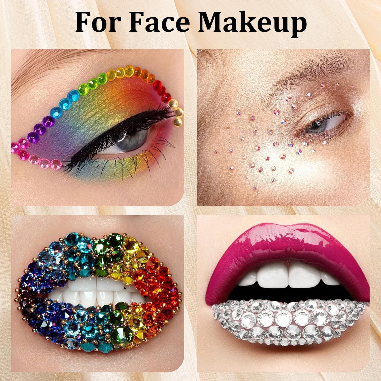 Colorful Face Gems for Makeup Set, Flatback Gorgeous AB Glass Gems+Mixed-Colored Crystals with Picker Pencil, Makeup Glue, Dual-End Dotting Tool, Tweezer for Eye Body Hair Make-up and Nail Art Deco